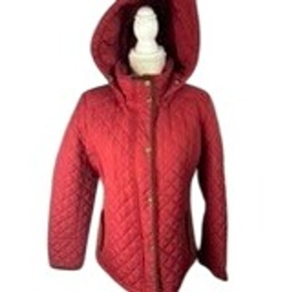 St John's Bay Red Quilted Puffer Jacket with Hood, Snap Button Closure
